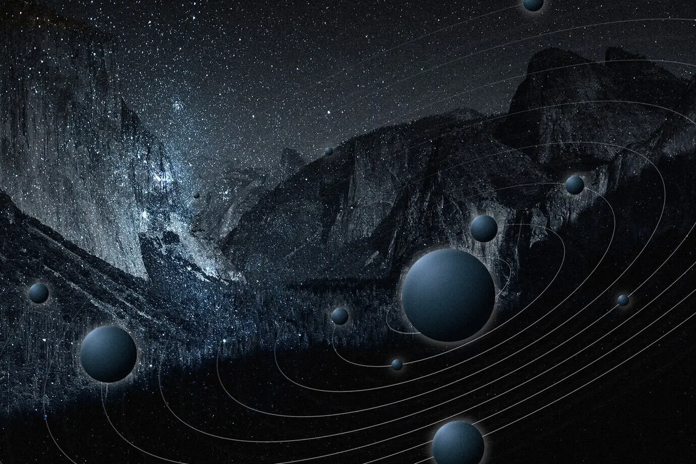 A galaxy nature aesthetic background featuring a starry sky and a mountain, in remixed media.